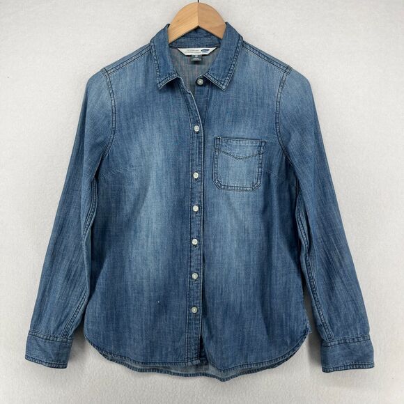 OLD NAVY Shirt Womens XS Chambray Washed Button Up Long Sleeve Cotton Blued - Picture 1 of 15